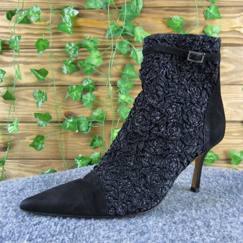 Gina Women 6.5 Black Leather Embroidered Ankle Boots Pointed Toe Stiletto Heel‎